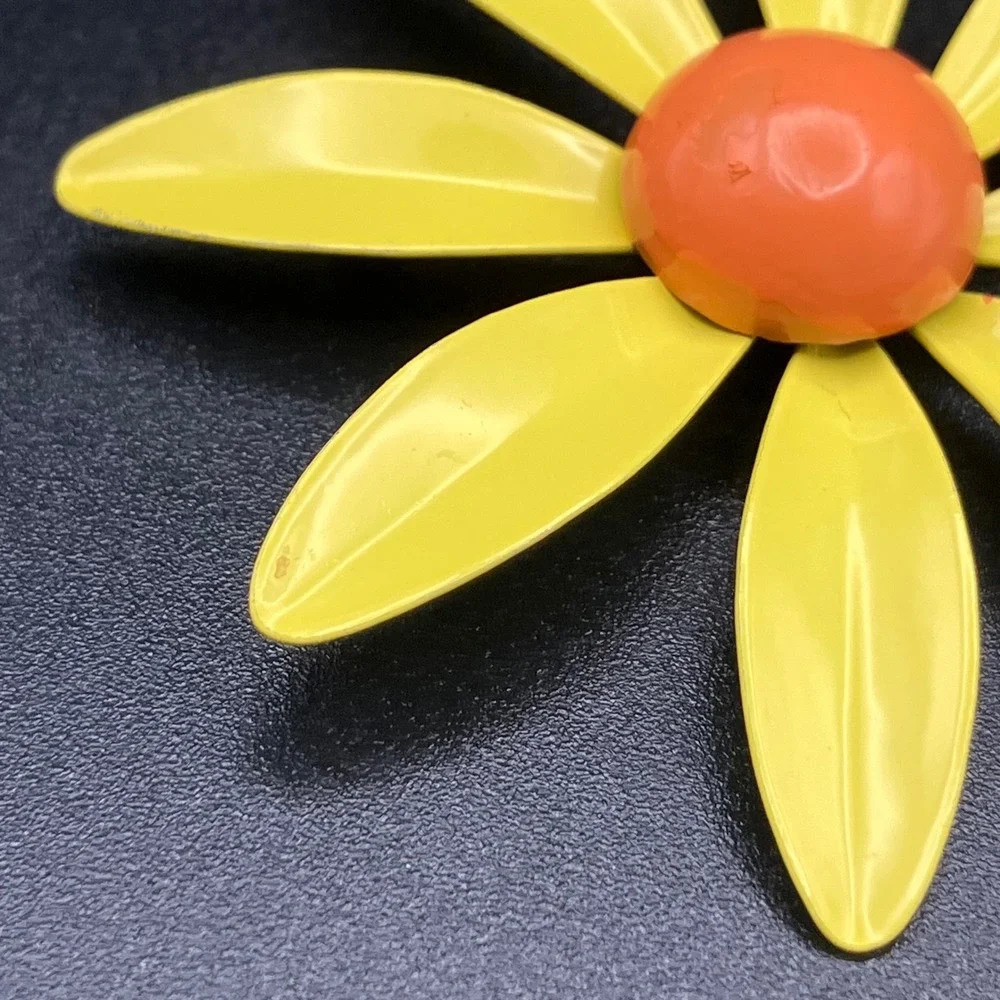 Vintage Enamel Daisy Flower Brooch Yellow Orange Large Mod Floral Pin 2.75in
